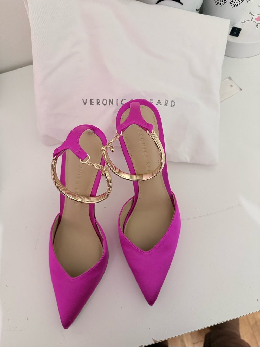 Veronica Beard Fuchsia satin D'orsay Pointed Slingback Heels with Gold Chain